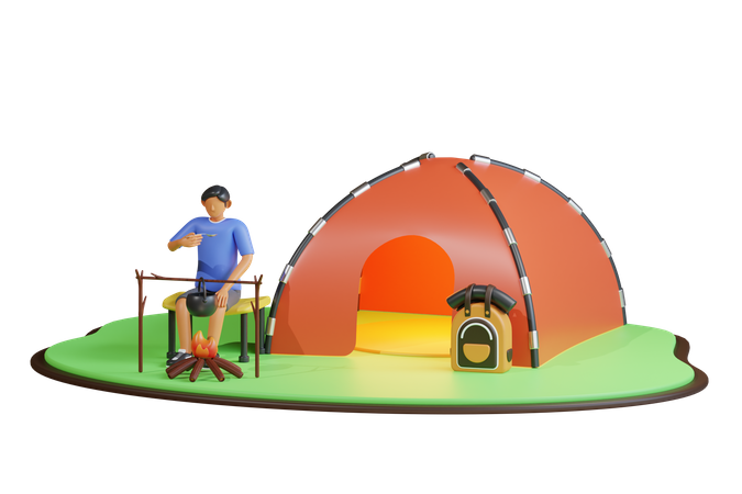 Niño cocinando comida en el camping  3D Illustration
