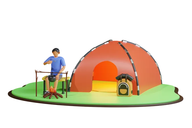 Niño cocinando comida en el camping  3D Illustration