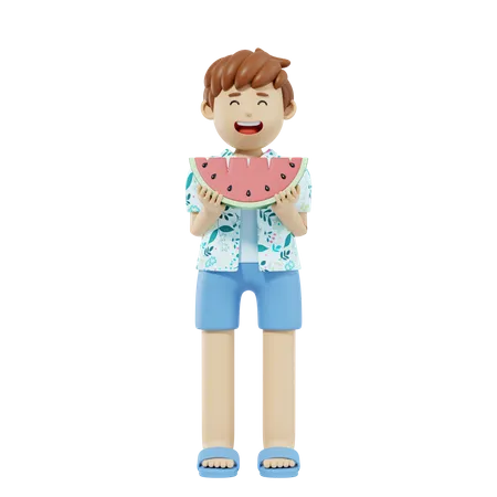 Niño comiendo sandía  3D Illustration