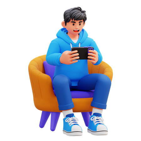 Niño con capucha jugando videojuegos en el sofá  Ícono 3D