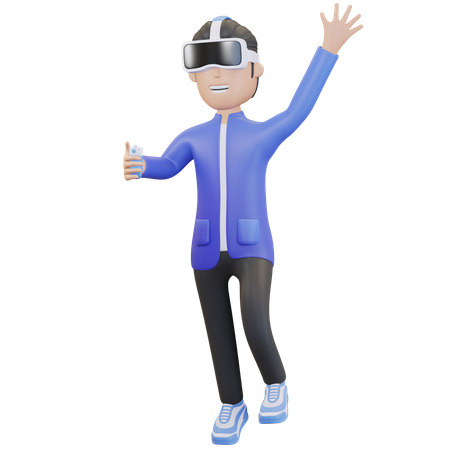 Niño con casco de realidad virtual y agitando la mano  3D Icon