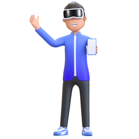 Niño con casco de realidad virtual y sosteniendo un teléfono inteligente  3D Icon
