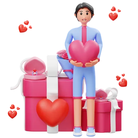 Niño sosteniendo el corazón en la mano y celebrando el día de San Valentín  3D Illustration