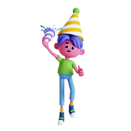Niño con gorra y haciendo estallar confeti en la fiesta  3D Illustration