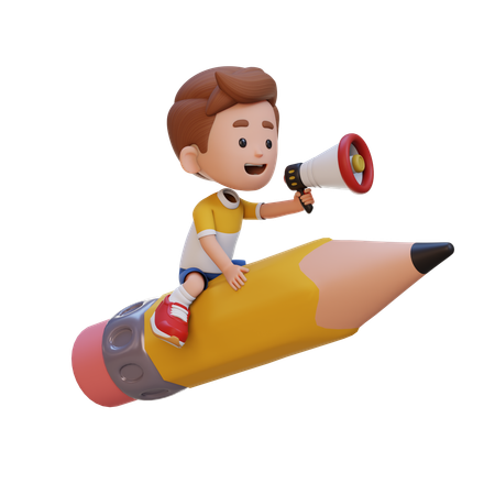 Niño montando un lápiz y sosteniendo un megáfono  3D Illustration