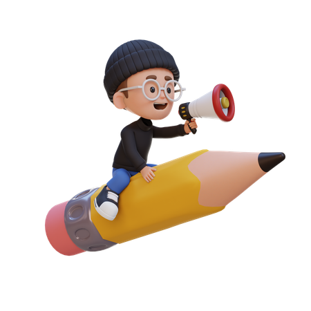 Niño montando un lápiz y sosteniendo un megáfono  3D Illustration