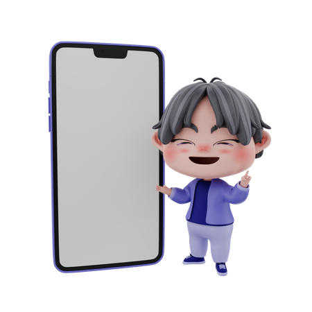 Niño con pantalla móvil en blanco  3D Illustration