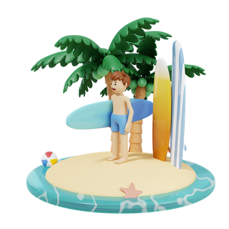 Chico con tabla de surf en la playa  3D Illustration