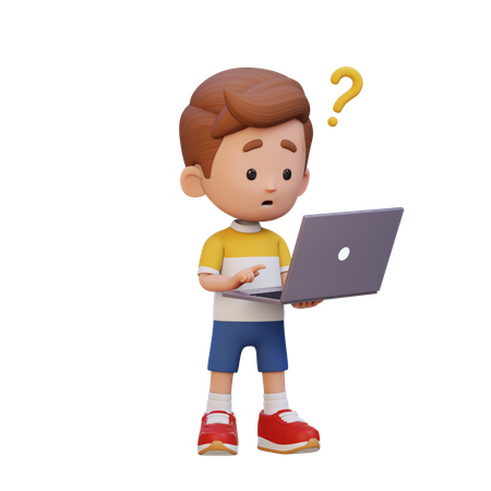 Niño confundido con la computadora portátil  3D Icon