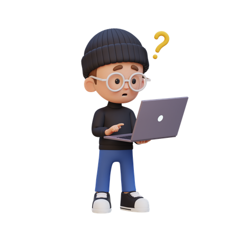 Niño confundido con la computadora portátil  3D Icon
