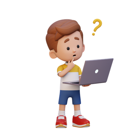 Niño confundido mientras está de pie con una computadora portátil  3D Icon