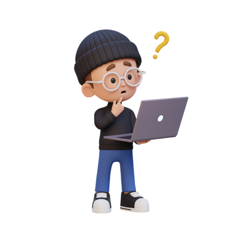 Niño confundido mientras está de pie con una computadora portátil  3D Icon
