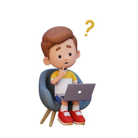 Niño confundido mientras está sentado en el sofá con una computadora portátil  3D Icon