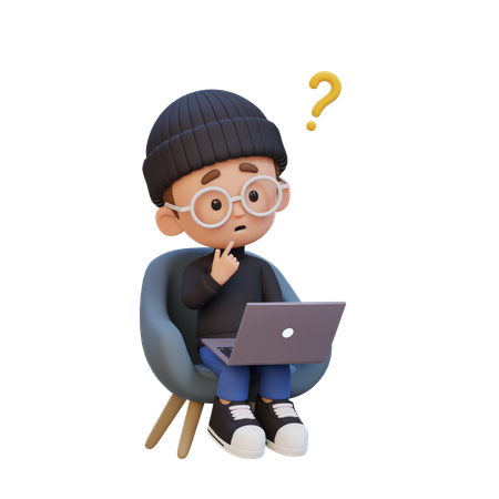 Niño confundido mientras está sentado en el sofá con una computadora portátil  3D Icon