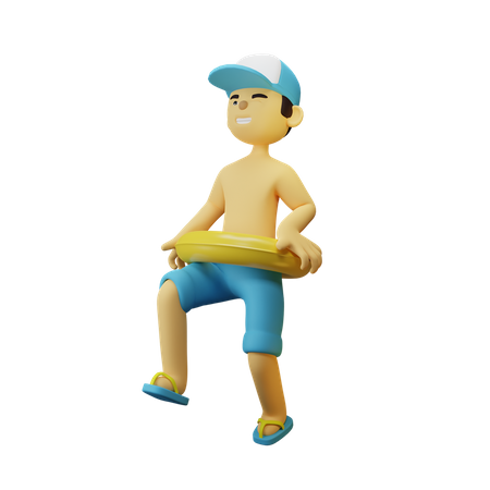 Niño corre con flotador amarillo  3D Illustration