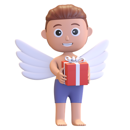Niño cupido sosteniendo caja de regalo  3D Illustration