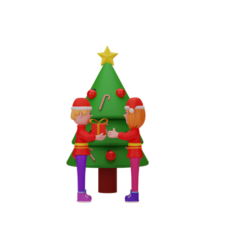 Niño dando regalo de Navidad a niña  3D Illustration
