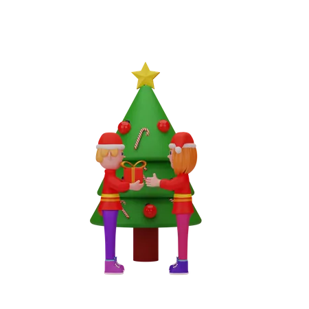 Niño dando regalo de Navidad a niña  3D Illustration