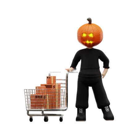 Niño de Halloween con carrito de compras  3D Illustration