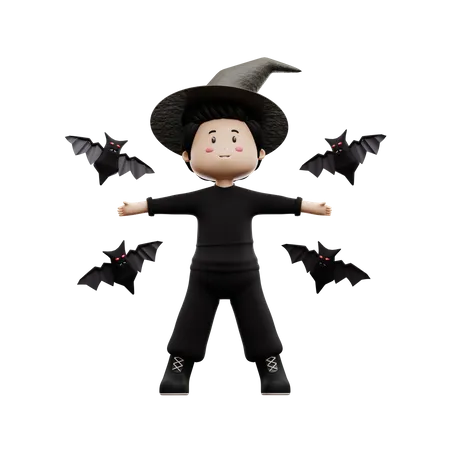 Niño de halloween con murciélago  3D Illustration