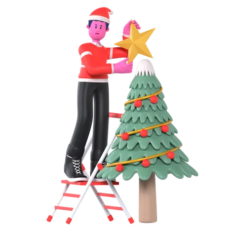 Niño De Navidad Decorando El Árbol De Navidad  3D Illustration