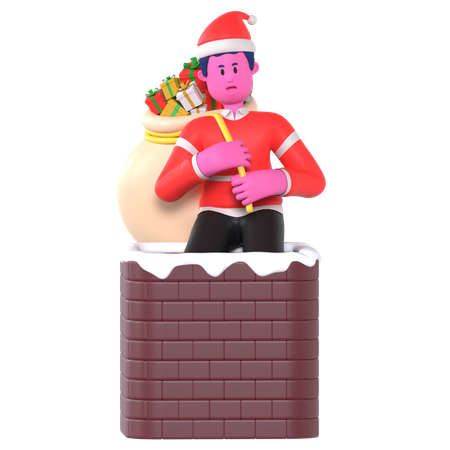 Niño De Navidad Entra En La Chimenea Llevando Regalos  3D Illustration