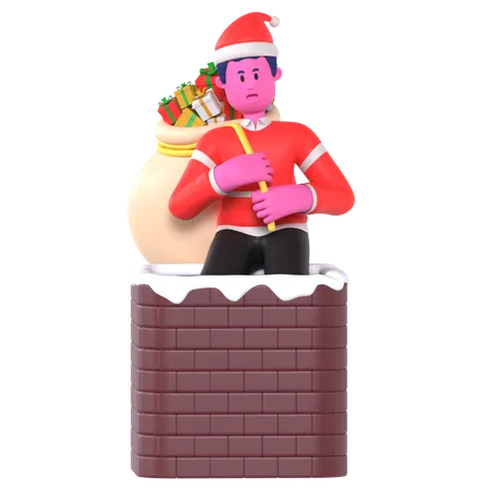 Niño De Navidad Entra En La Chimenea Llevando Regalos  3D Illustration