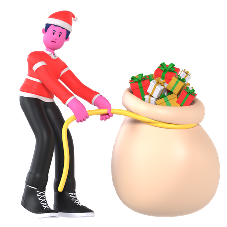 Niño de Navidad tirando bolsas de regalo pesadas  3D Illustration