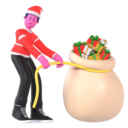 Niño de Navidad tirando bolsas de regalo pesadas  3D Illustration