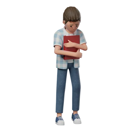 Niño de pie triste sosteniendo un libro  3D Illustration