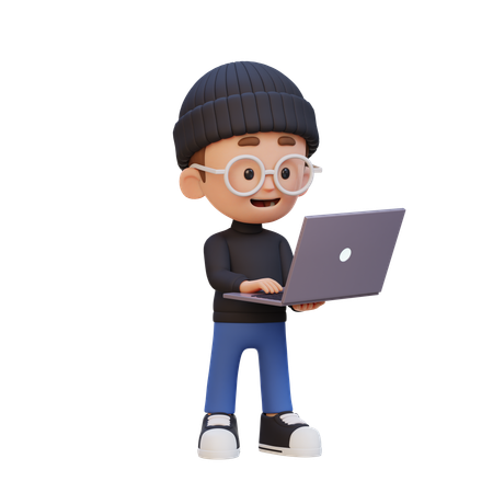 Niño de pie y trabajando en una computadora portátil  3D Icon