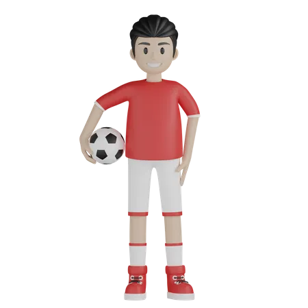 Chico deportivo de pie y sosteniendo fútbol  3D Illustration