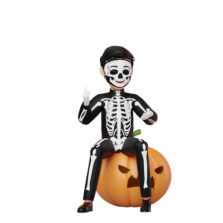 Niño disfrazado de esqueleto sentado en calabaza  3D Illustration