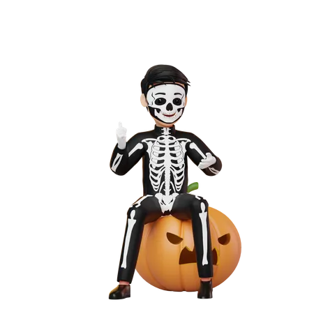 Niño disfrazado de esqueleto sentado en calabaza  3D Illustration