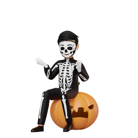 Niño disfrazado de esqueleto sentado en calabaza  3D Illustration