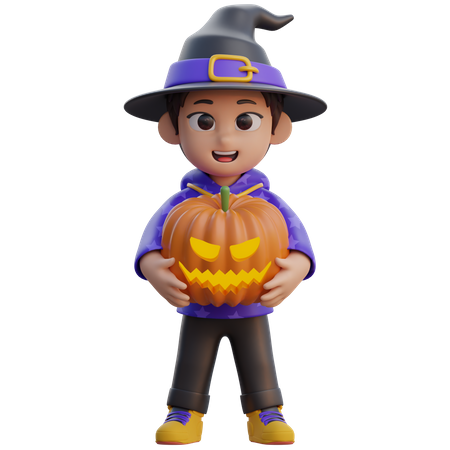 Niño disfrazado de mago con cabeza de calabaza  3D Illustration