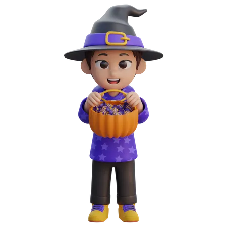 Niño disfrazado de mago con canasta de dulces  3D Illustration