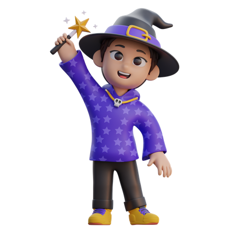 Niño disfrazado de mago con varita mágica  3D Illustration