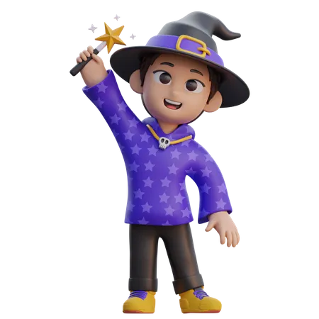 Niño disfrazado de mago con varita mágica  3D Illustration