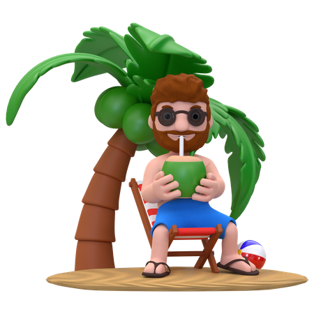 Niño disfrutando del agua de coco en la playa  3D Illustration