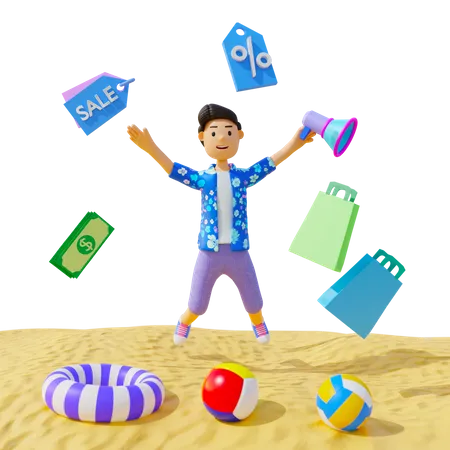 Niño disfrutando de descuento en compras en verano  3D Illustration
