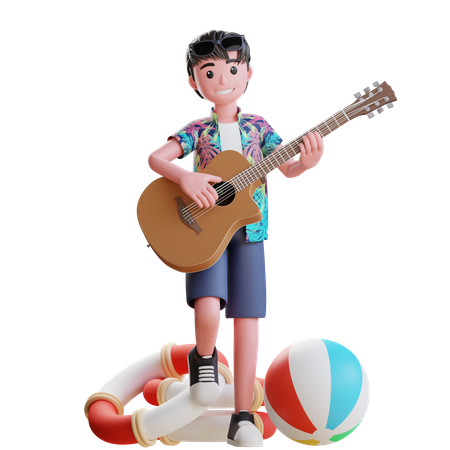 Niño disfrutando de la música en la playa  3D Illustration