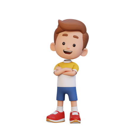 Niño en pose segura mientras está de pie con las manos cruzadas  3D Icon