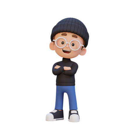 Niño en pose segura mientras está de pie con las manos cruzadas  3D Icon