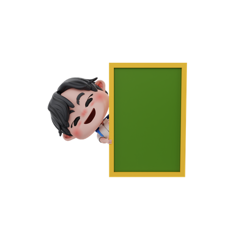 Niño escabulléndose detrás de una tabla verde  3D Illustration