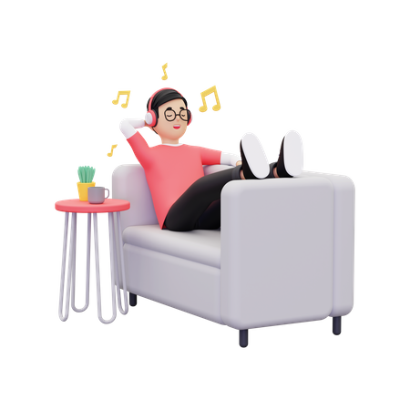 Niño escuchando música mientras duerme en el sofá  3D Illustration