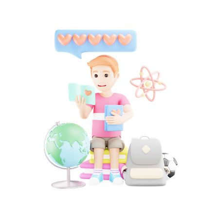 El chico está leyendo historias de amor.  3D Illustration