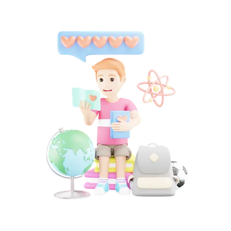 El chico está leyendo historias de amor.  3D Illustration