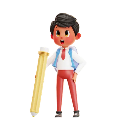 Niño, estudiante, tenencia, lápiz  3D Illustration