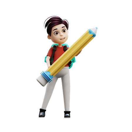 Chico estudiante sosteniendo un lápiz  3D Illustration